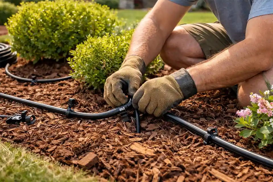 Homeowner improving HOA front yard landscaping with drip irrigation and mulch beds.