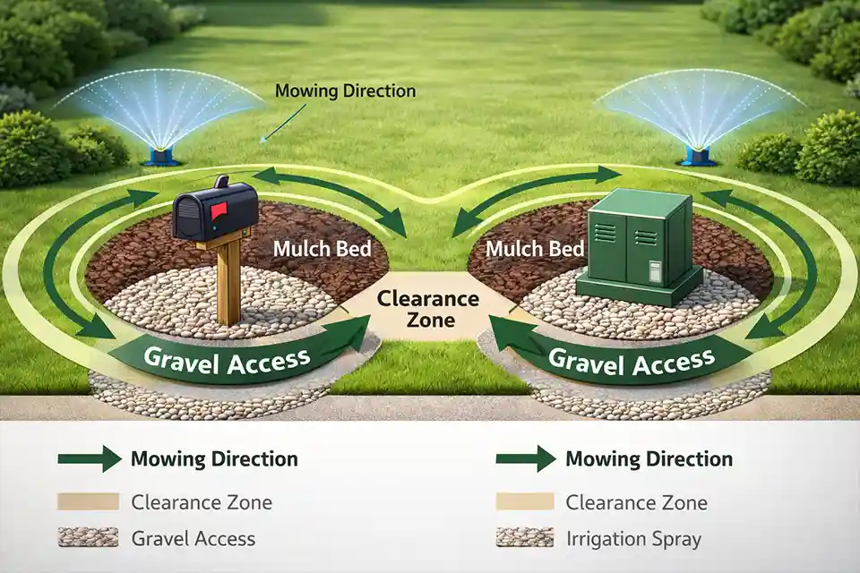 Landscape diagram showing mowing paths and clearance zones around mailbox and utility box in front yard lawn.
