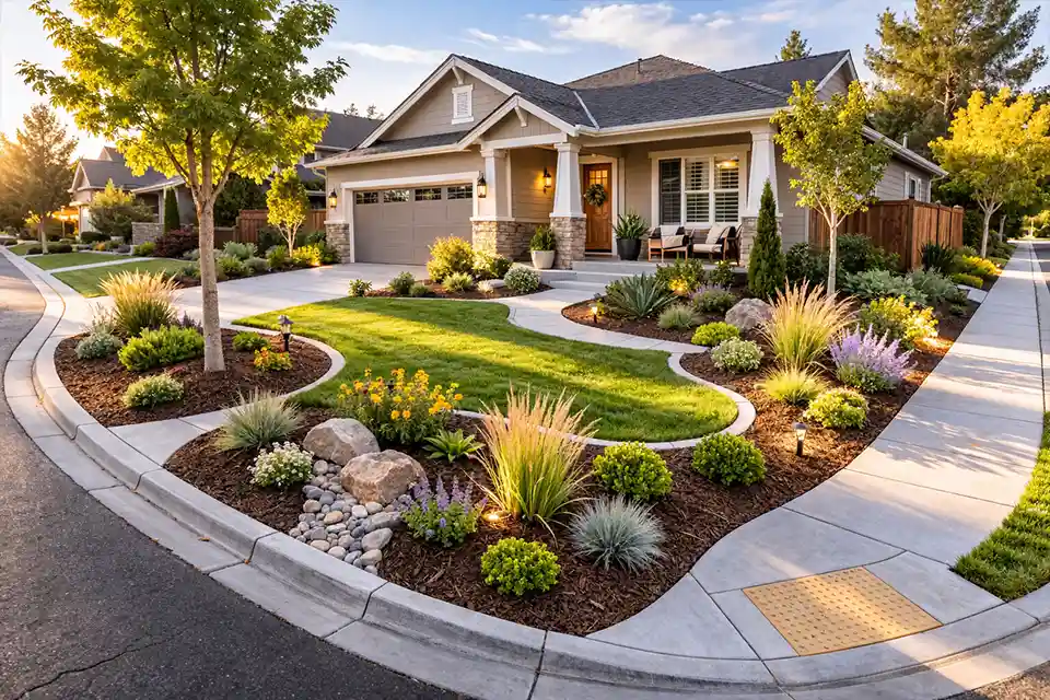 Corner lot landscaping redesign with curved planting beds replacing difficult lawn strips.