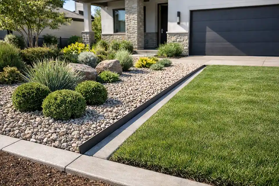 Landscape edging and mow strip preventing gravel from spreading into lawn.