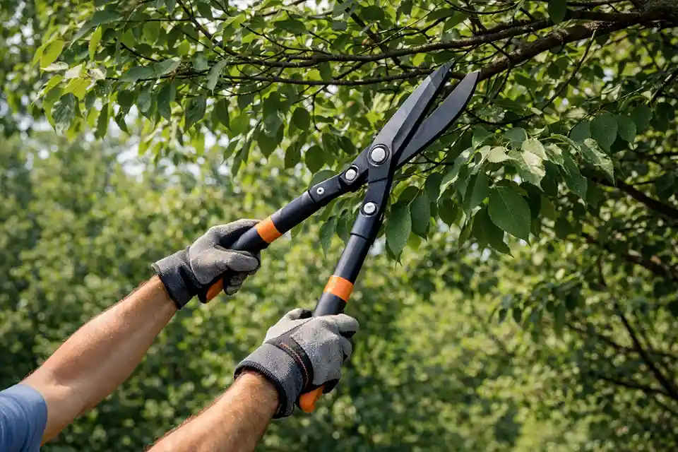Homeowner trimming branches from a neighbor tree extending over the property line