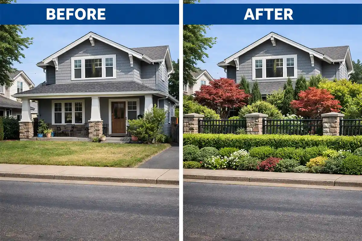 before and after landscaping design showing improved front yard privacy for a house close to the road