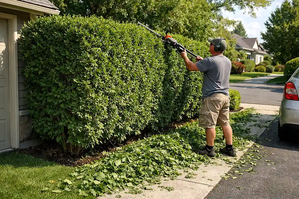 Homeowner trimming an oversized fast-growing hedge in a front yard beside a driveway