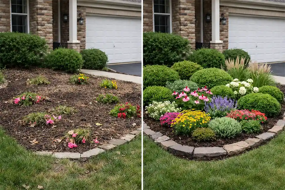 Before and after front yard flower bed redesign to reduce frequent replanting