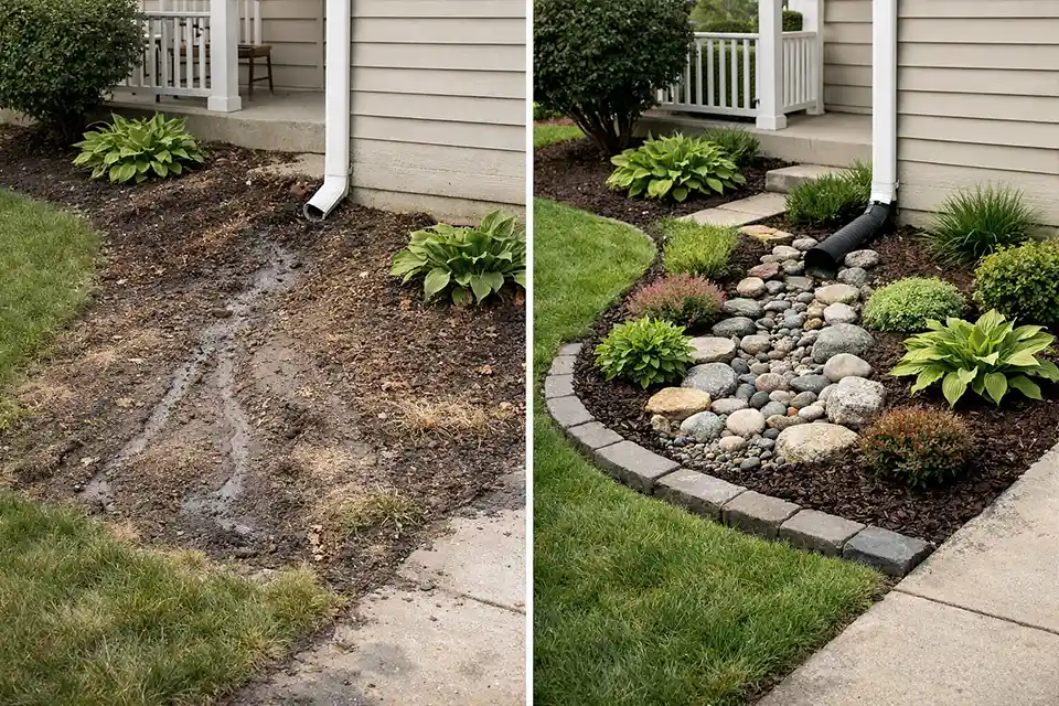 Before and after repair of a front yard mulch bed that used to wash away every season