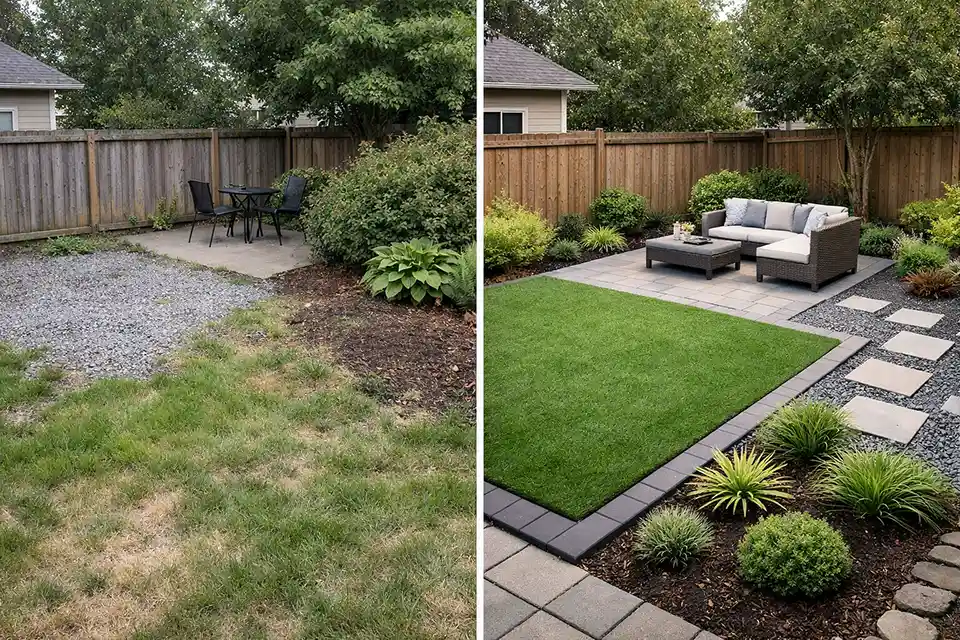 Before and after backyard landscaping changes that reduce washout, maintenance, and long-term repair costs.