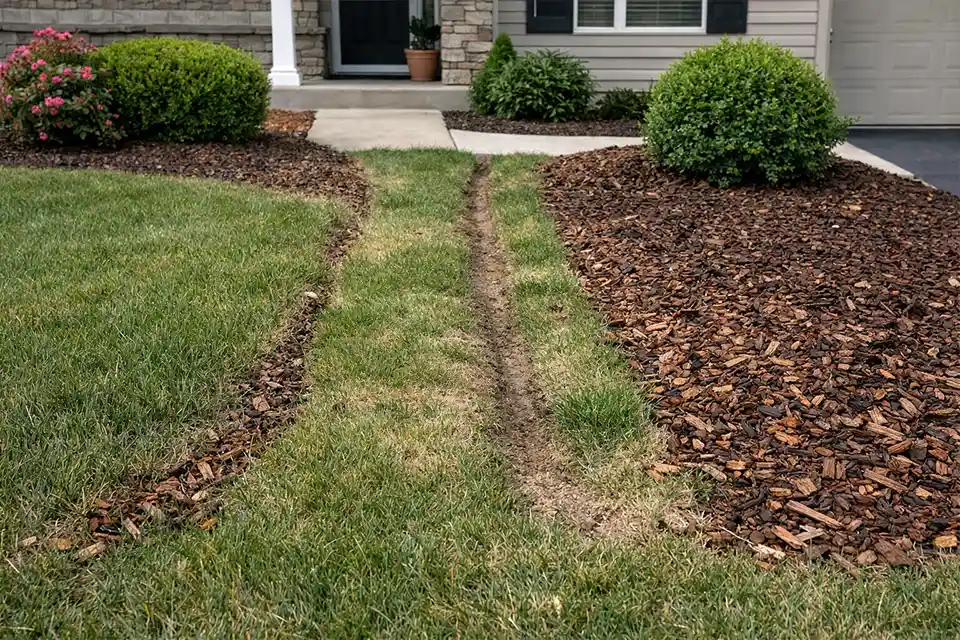 Very narrow front-yard grass strip between small planting beds showing mower damage, scalping, and mulch spill from an inefficient landscape layout.