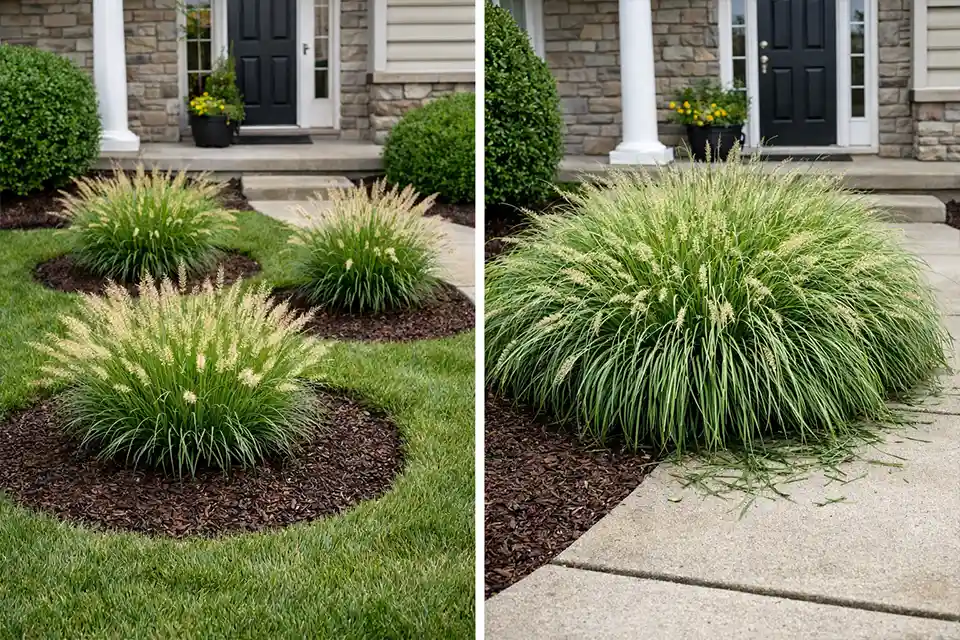 Comparison of properly spaced ornamental grass in a front yard bed and an oversized clump crowding a walkway with debris scattered onto the pavement.