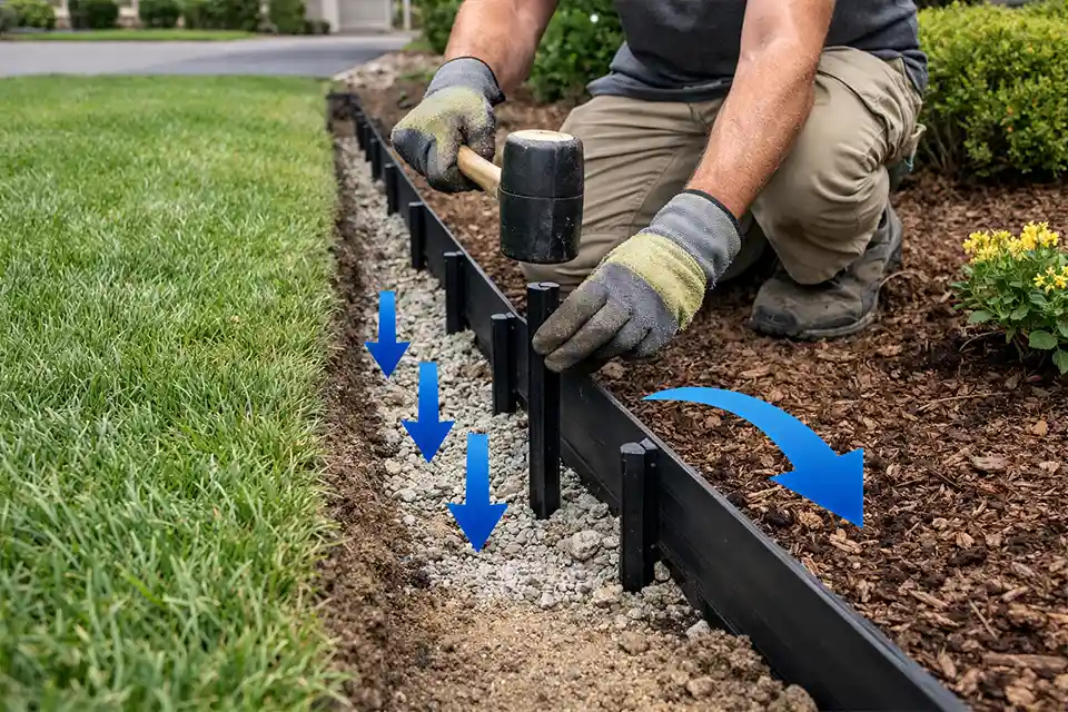 Front yard edging being reinstalled in a compacted trench with stake depth and water direction indicated