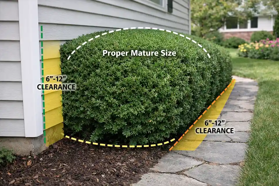 Oversized shrubs crowding a narrow front-yard bed with overlay lines showing correct mature spacing and clearance from the house and walkway