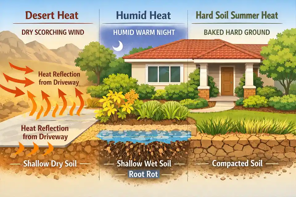 Diagram showing how desert heat, humid heat, and hard-soil summer heat create different front yard landscaping problems