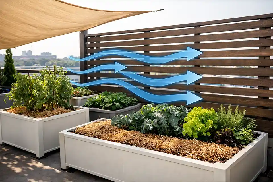 Cutaway diagram of a rooftop planter raised above a hot roof surface with deep soil, mulch, and an air gap to reduce heat stress