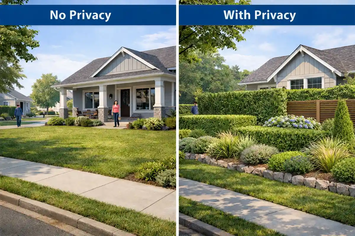 Comparison diagram showing exposed front yard conditions versus improved privacy using layered landscaping and visual barriers.