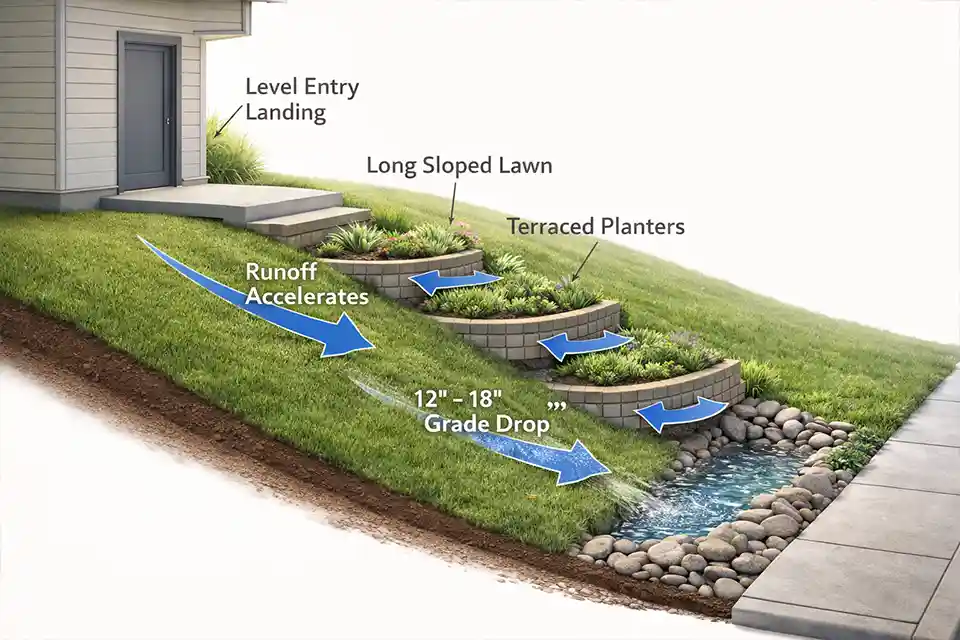 Diagram of a steep front yard showing how shorter terrace bands and a level entry landing help control runoff and stabilize planting areas