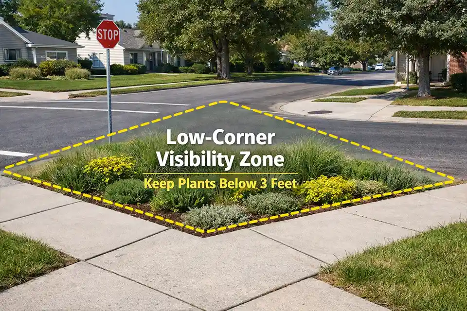 Corner lot visibility zone with overlay showing the low planting area that should stay open near the intersection