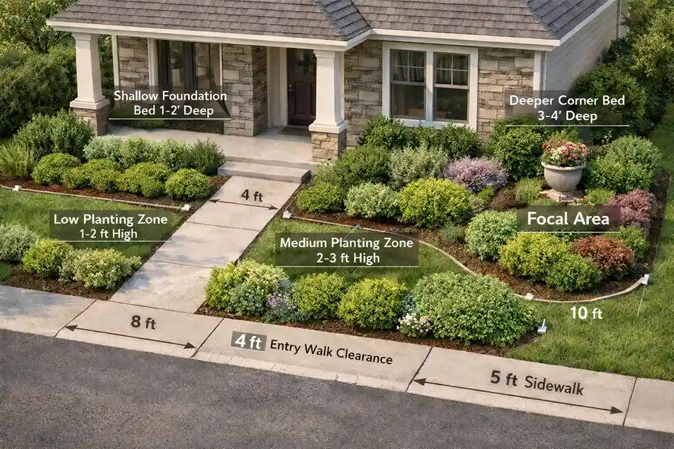 Top-down diagram of an HOA front yard showing compliant bed depth zones and layered plant placement