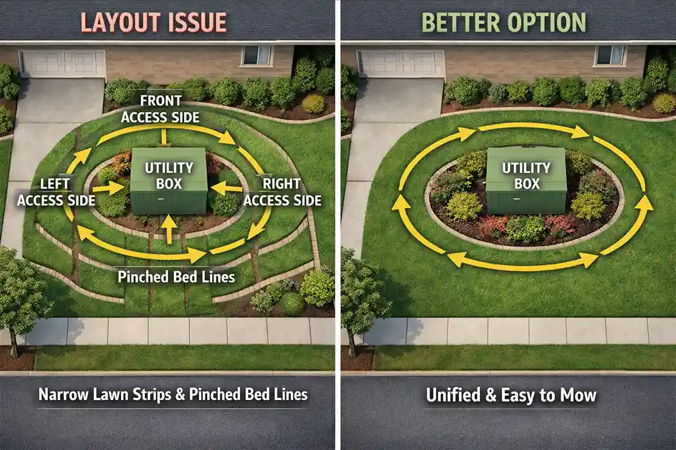 Top-down diagram showing how a utility box in the yard creates narrow lawn fragments and awkward bed lines