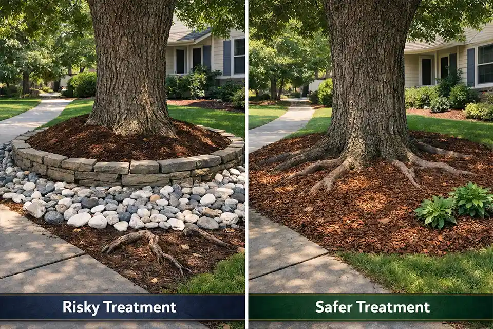 Side-by-side front yard comparison showing risky tree root zone treatments versus a safer low-disturbance design.