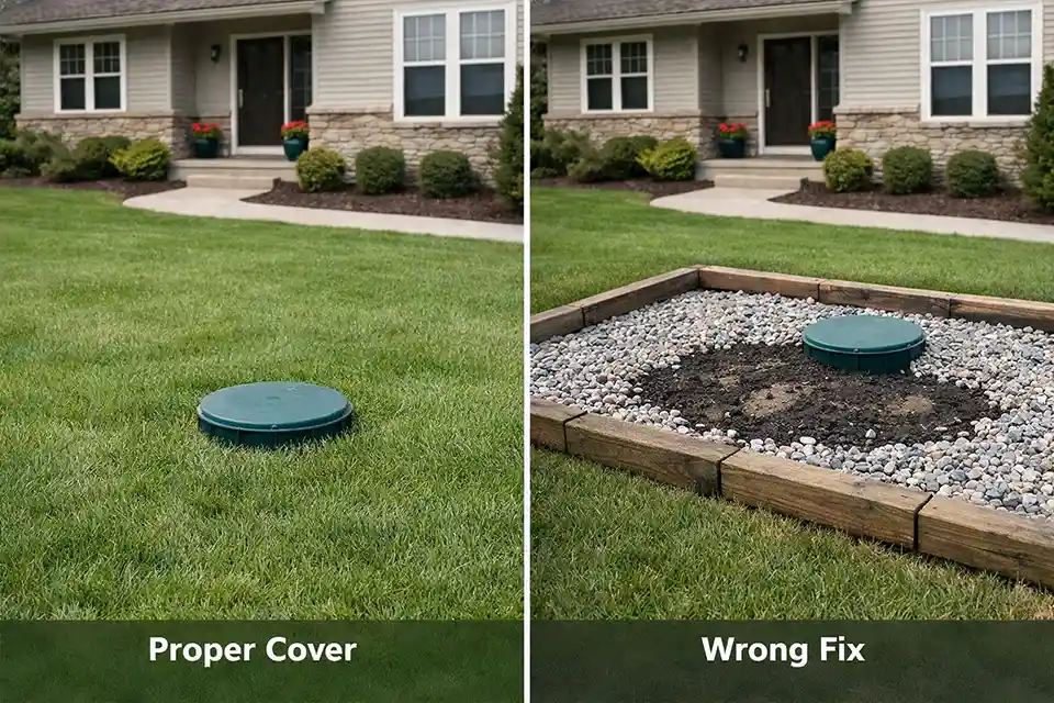 Side-by-side comparison of a front-yard septic field with proper grass cover versus raised-bed and gravel landscaping that creates moisture and access problems.