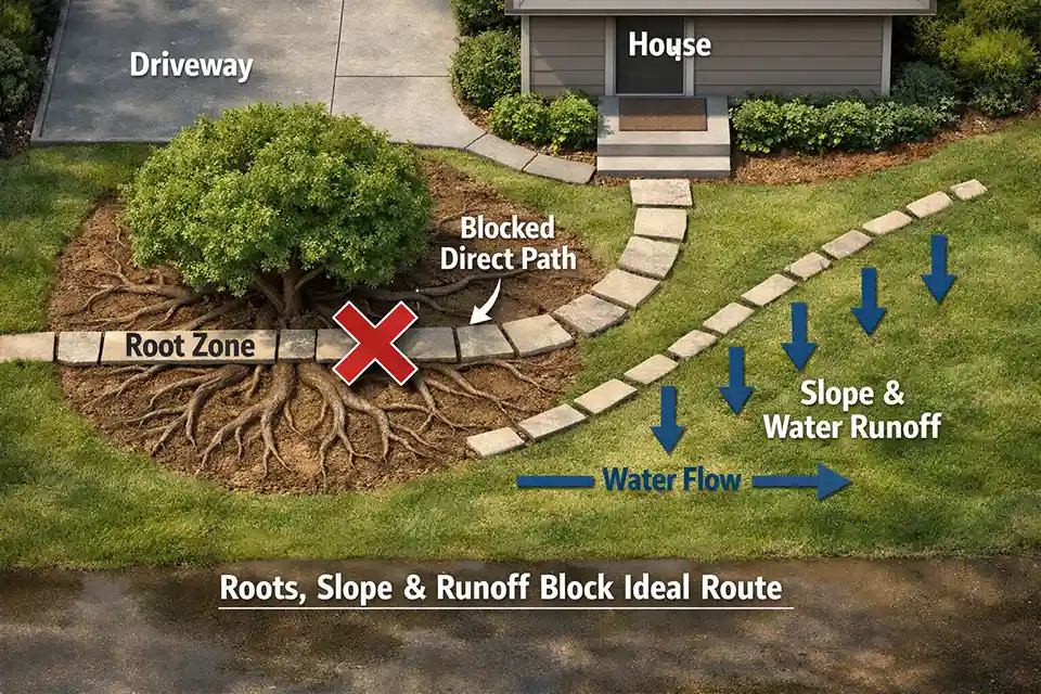 Top-down diagram showing how tree roots, slope, and runoff change the best walkway route between an offset front door and driveway