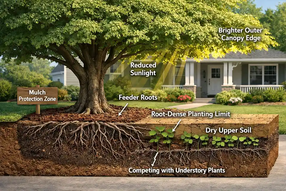 Diagram showing a mature front-yard tree canopy reducing sunlight while shallow feeder roots compete with understory plants in dry upper soil