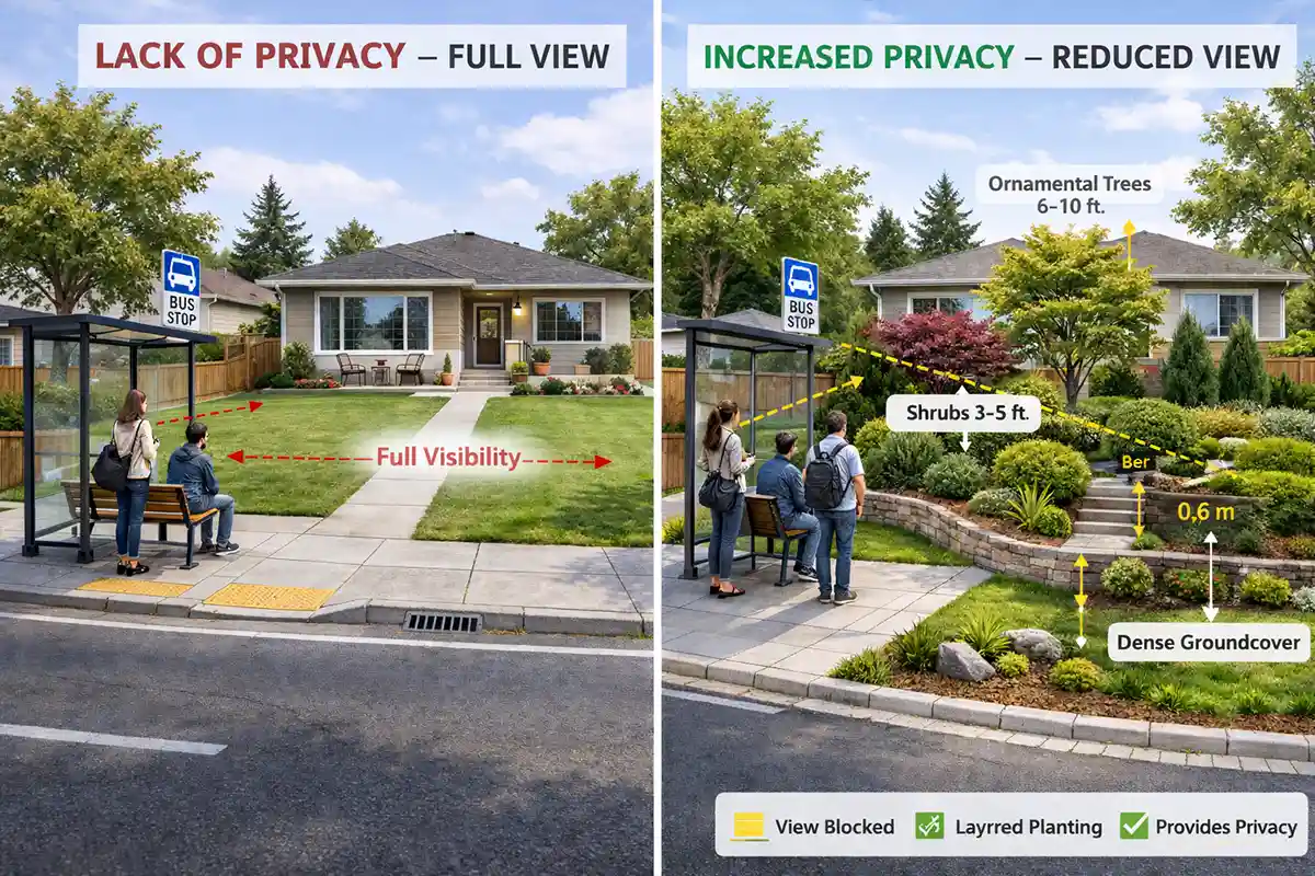comparison showing an exposed front yard versus a landscaped yard with shrubs and berms improving privacy near a sidewalk