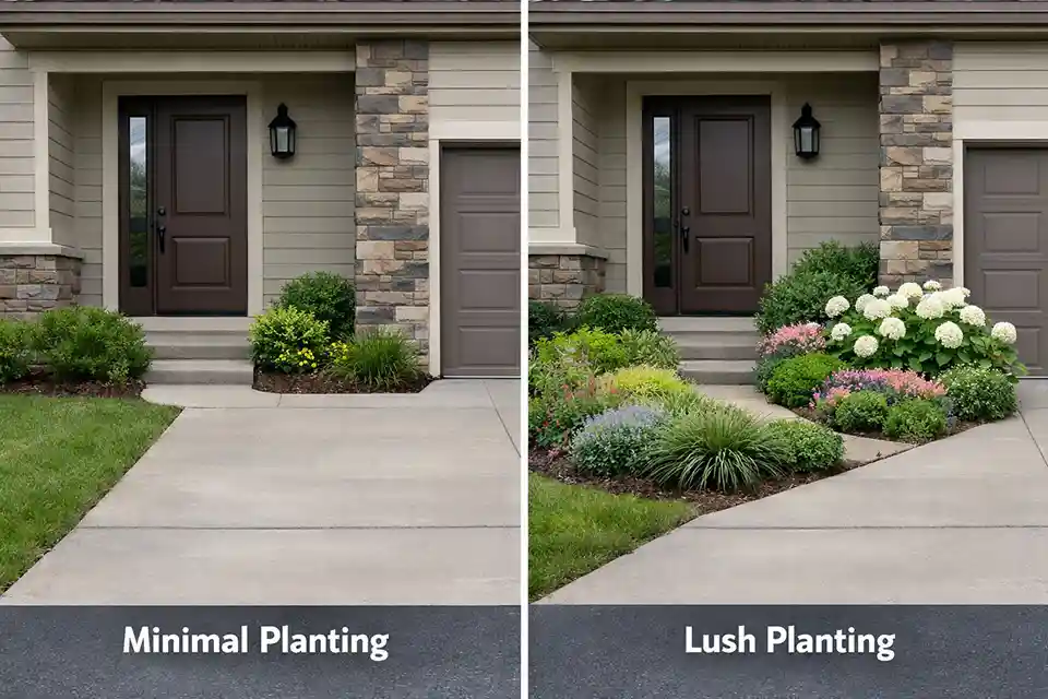Comparison of shallow planting and a wider entry planting bed near the front door