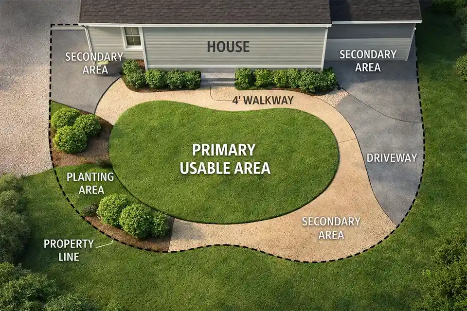 Top-down diagram of an irregular front yard showing a primary usable design zone, walkway alignment, and secondary wedge spaces.