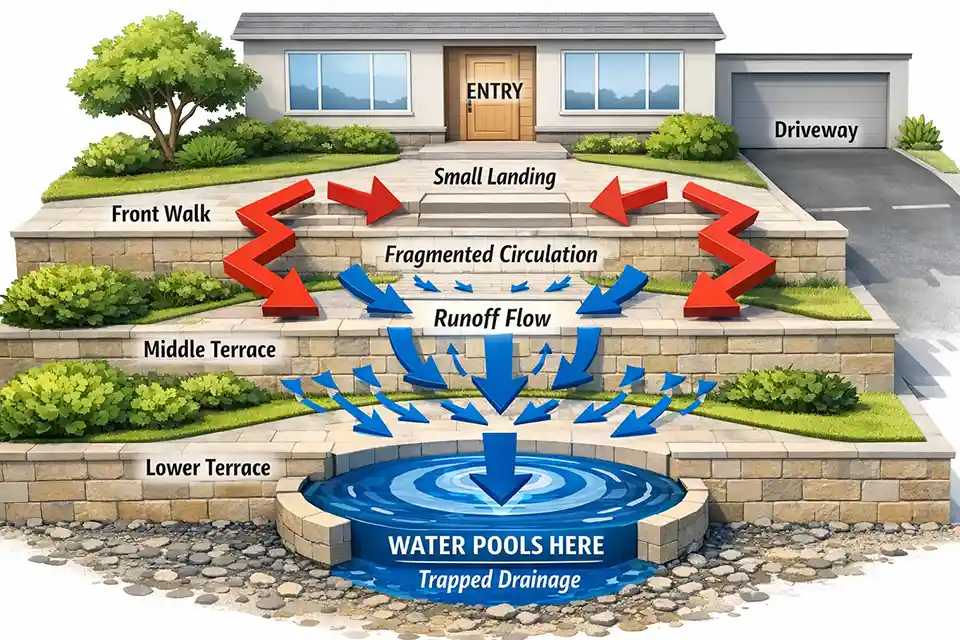 Diagram showing entry flow and runoff concentration in a front yard divided into levels by retaining walls