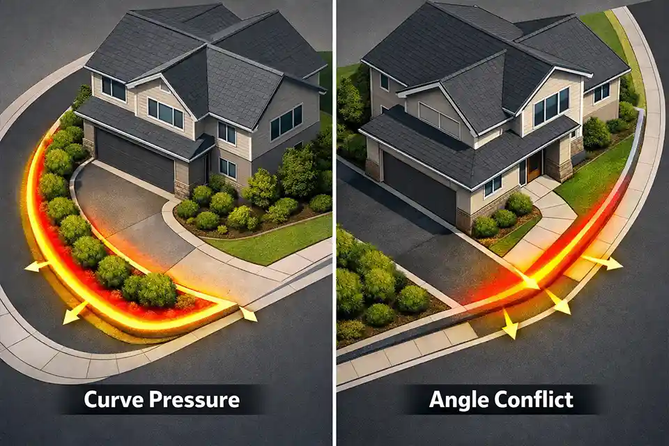 3D cutaway comparison of a curved street front yard with outer-edge pressure and an angled street front yard with curb-to-house alignment conflict.