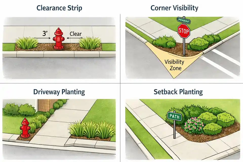 Diagram showing four front yard layout patterns for fire hydrants and street signs in narrow strips, corners, driveways, and walkway areas