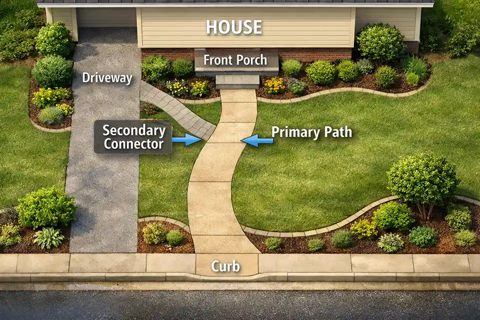 Top-down front yard diagram showing a main walkway and a narrower driveway connector joining before the porch with drainage directed away from the junction.
