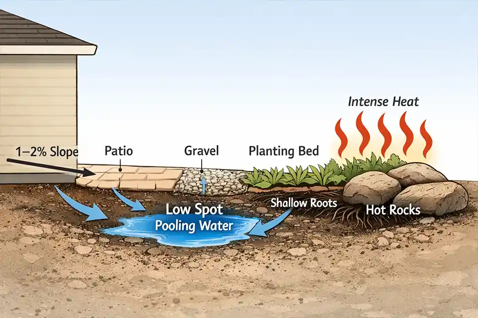 Diagram showing runoff collecting in a low spot and heat building over rock surface in a grass-free backyard