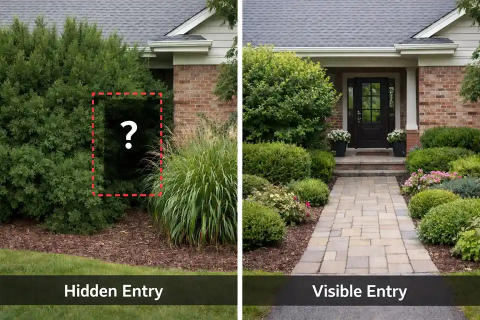 Comparison showing a front yard entry hidden by dense screening versus a welcoming entry path visible through layered privacy planting