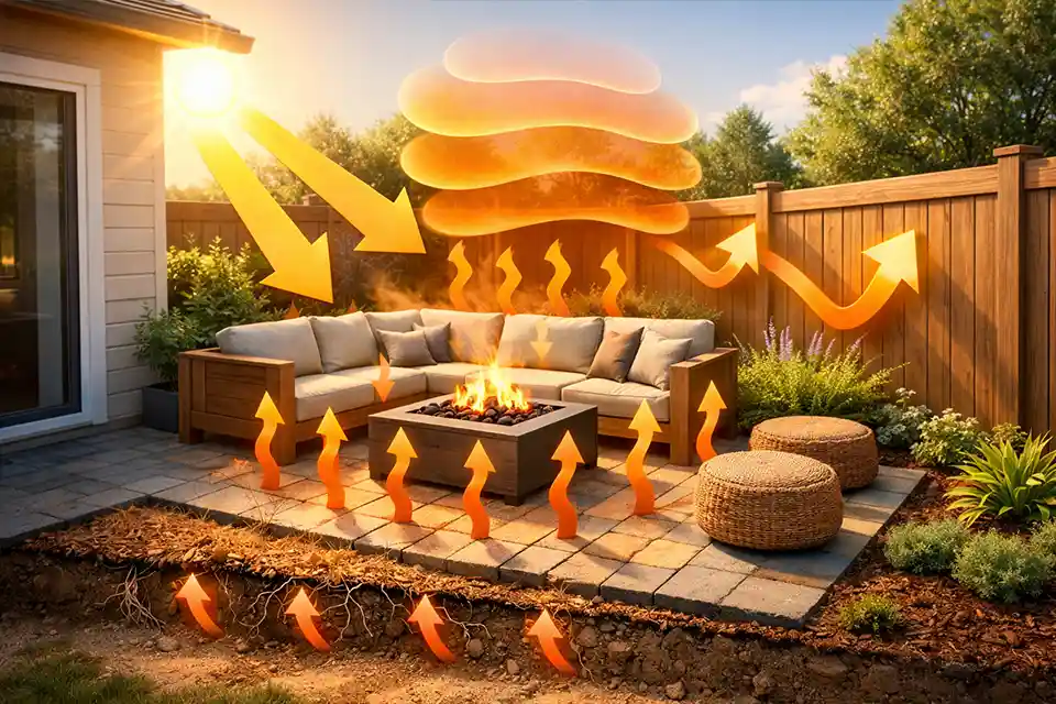Backyard diagram showing direct afternoon sun, reflected patio heat, fence rebound, and dry root-zone stress stacking in the main seating area