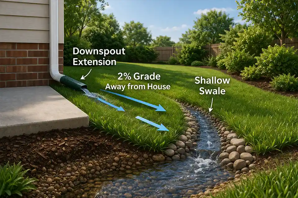Diagram showing proper backyard drainage with slope away from the house, an extended downspout, and a shallow swale