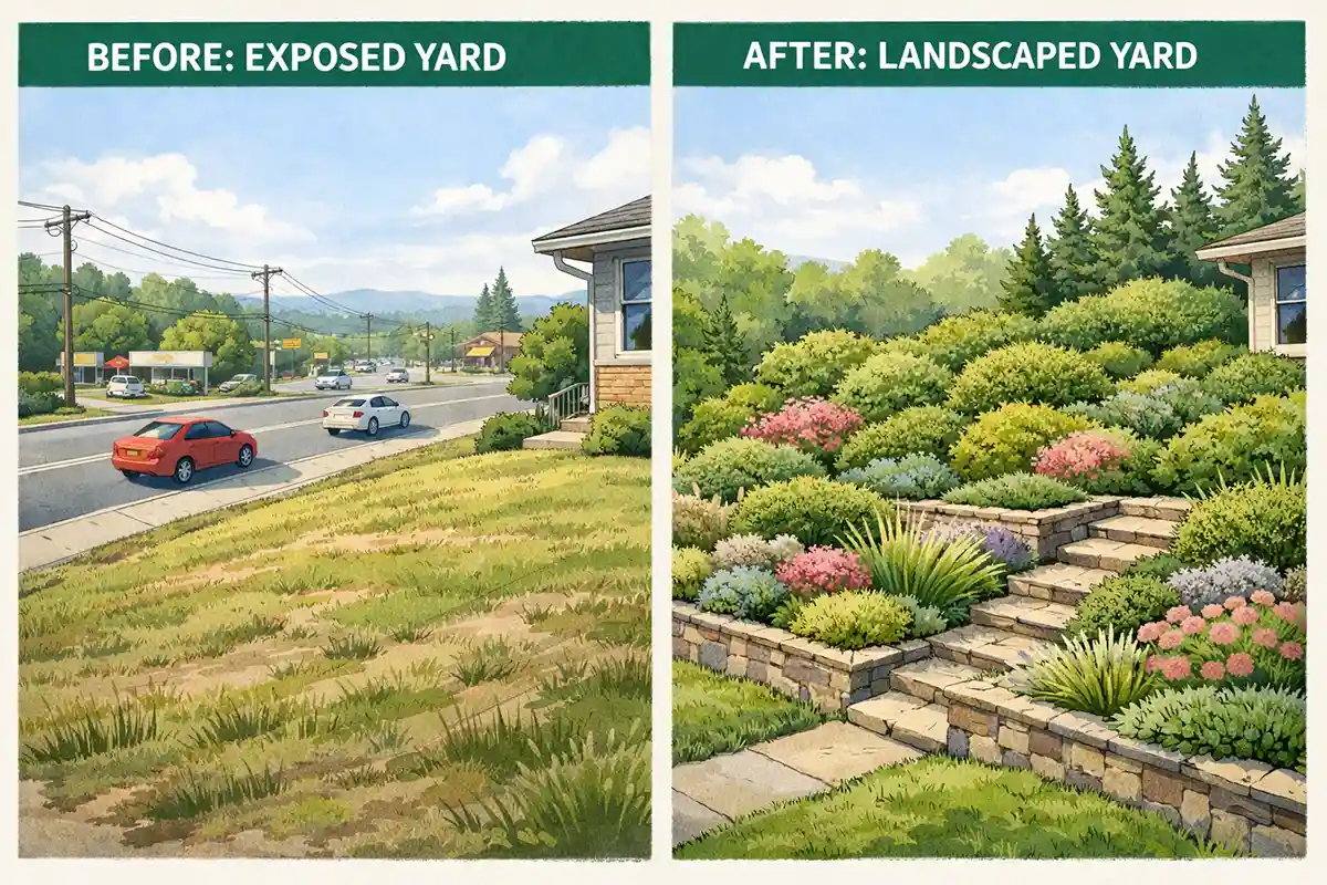 Before and after comparison showing how berms and layered landscaping improve privacy in a front yard that slopes toward a busy street.