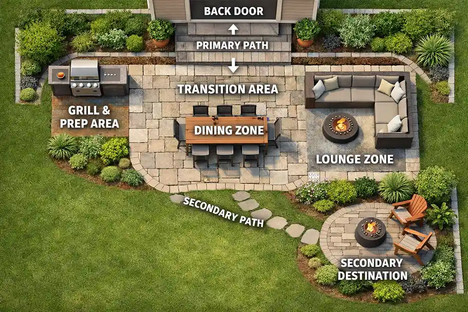 Top-down backyard zoning diagram showing transition space, protected circulation, and correct adjacency between dining, grill, and lounge zones