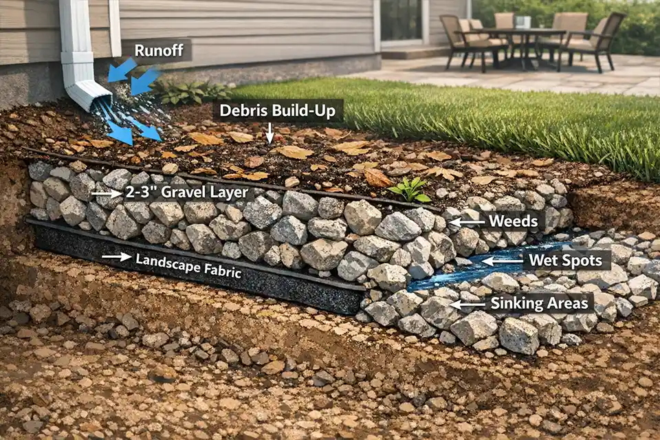 Diagram showing runoff and debris building up in the top layer of backyard gravel and causing weeds and wet spots
