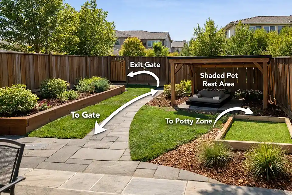 Backyard layout for pets with overlay showing the main run path, separate potty zone, and protected planting areas