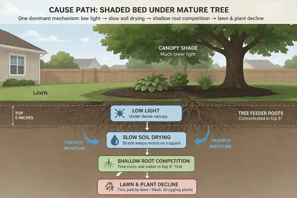 Diagram of a shaded backyard bed showing low light, trapped moisture, and shallow tree roots causing grass and plant decline.