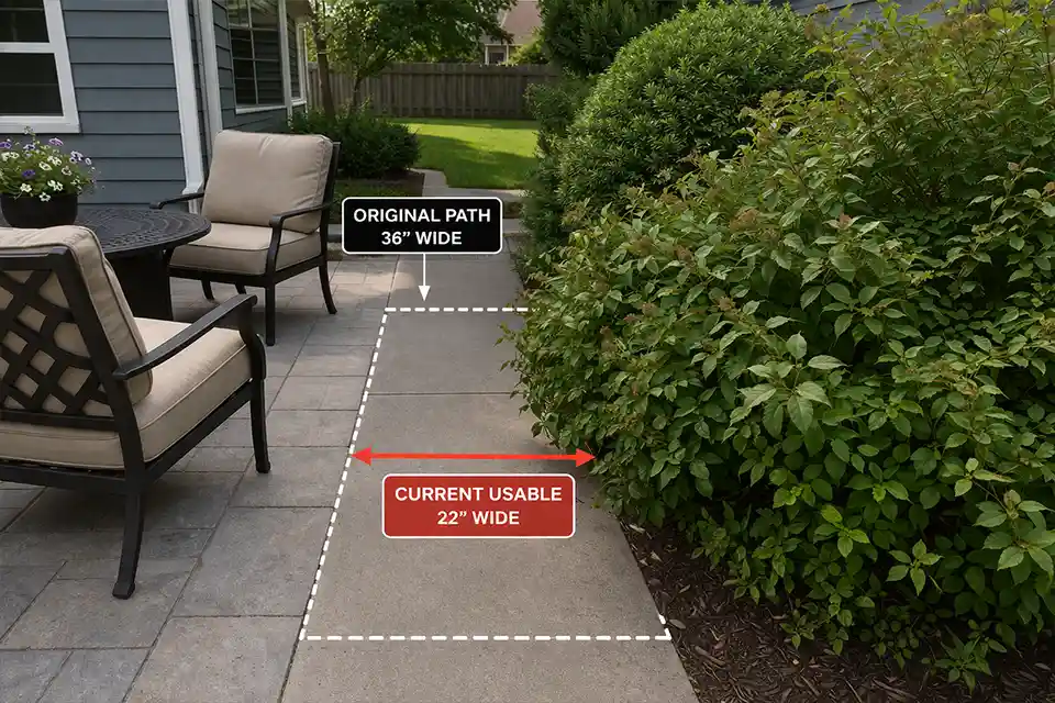 Mature backyard shrubs narrowing a patio path with overlay showing the walking width reduced from 36 inches to 22 inches.