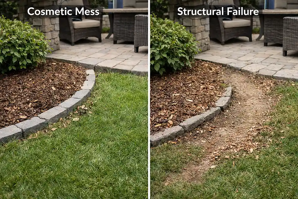 Comparison of minor backyard mulch scatter versus chronic edge failure and shortcut wear in a busy family yard
