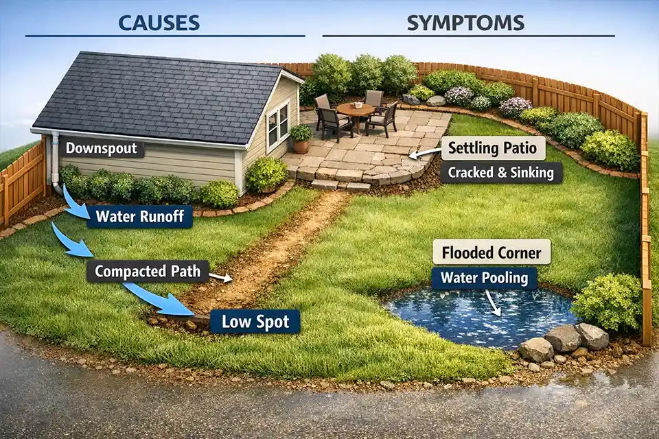 Diagram showing backyard runoff, compacted foot traffic, and a low patio corner causing pooling water, muddy grass, and settling pavers.