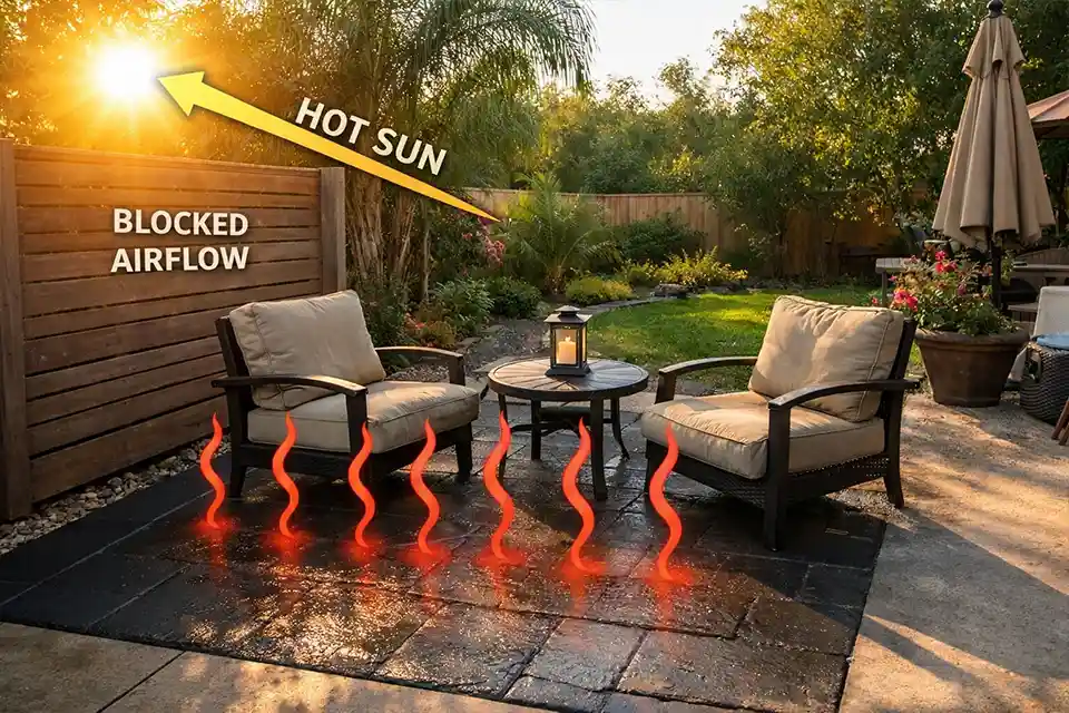 Patio seating area with overlay showing late afternoon sun direction, heat rising from dark paving, and blocked airflow