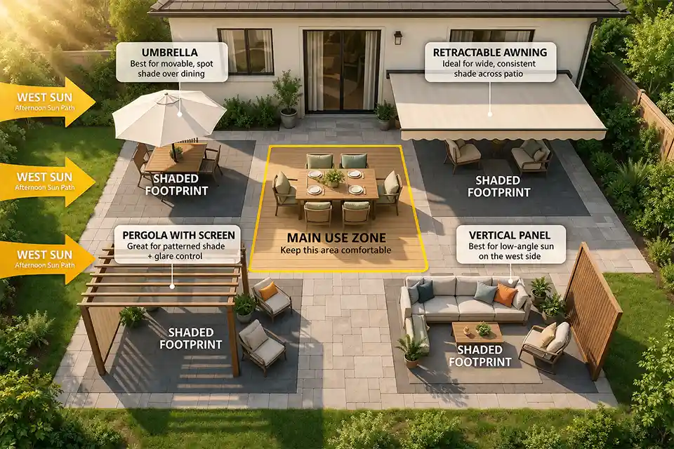 Top-down patio diagram showing which shade types work best for west-facing afternoon sun and main seating zones