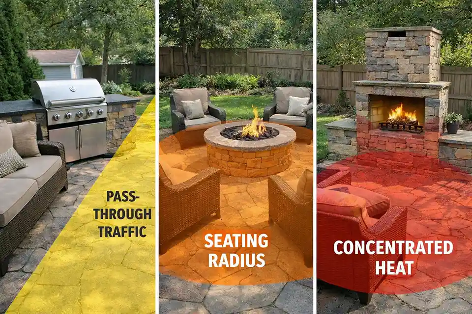 Comparison showing grill clearance risk, fire pit seating radius risk, and outdoor fireplace heat concentration on patios