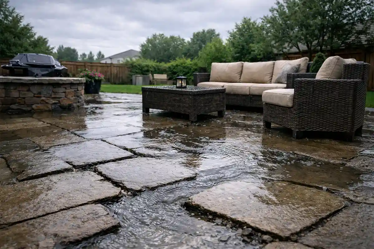 Standing water on backyard patio caused by poor drainage and incorrect grading.