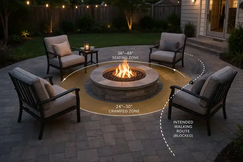 Backyard fire pit seating area with overlay showing a cramped chair radius and blocked walking path behind the chairs.