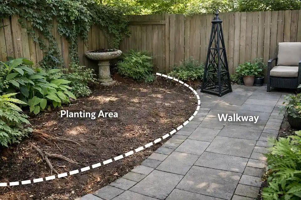 Small shaded garden redesign with overlay showing a reduced planting zone, a clear path, and added vertical structure